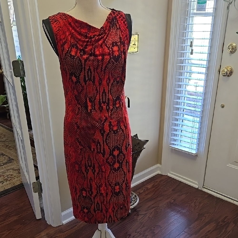 Anne Klein Red Black Snake Print Sleeveless Dress Stretch Drape Neckline  8 EUC